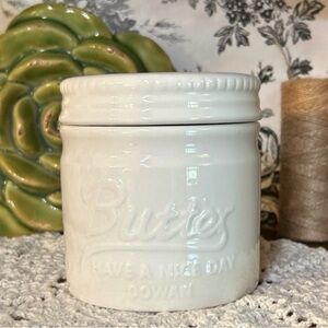 DOWAN Porcelain French Butter Keeper Crock White Embossed Butter Farmhouse 2 pc